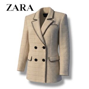 Zara Cream Textured Blazer with Black Trim
